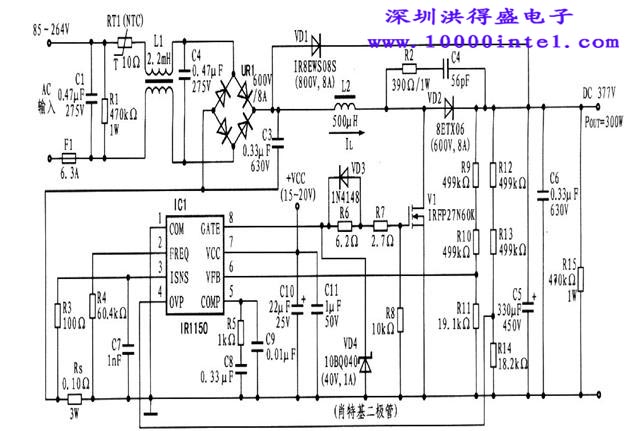 图1所示为基于IR1150型控制器的300W有源PFC升压变换器电路。这种PFC预调节器适用于国际通用的AC线路输入,DC输出为377 V,用作开关电源或电子镇流器的前端电路。输入端的C1、R1、L1、C2组成EMI滤波器。由于PFC电路工作于CCM,可以降低峰值电感电流(IL),可降低了对EMI滤波器的要求。电容器C3用于高频电感电流旁路,从而得到低频(50 Hz或60Hz)平均电流(即AC输入电流)。L2为升压电感器,MOSFET(V1)为PFC开关,VD2为升压二极管,C5为输出电容器。IRll50